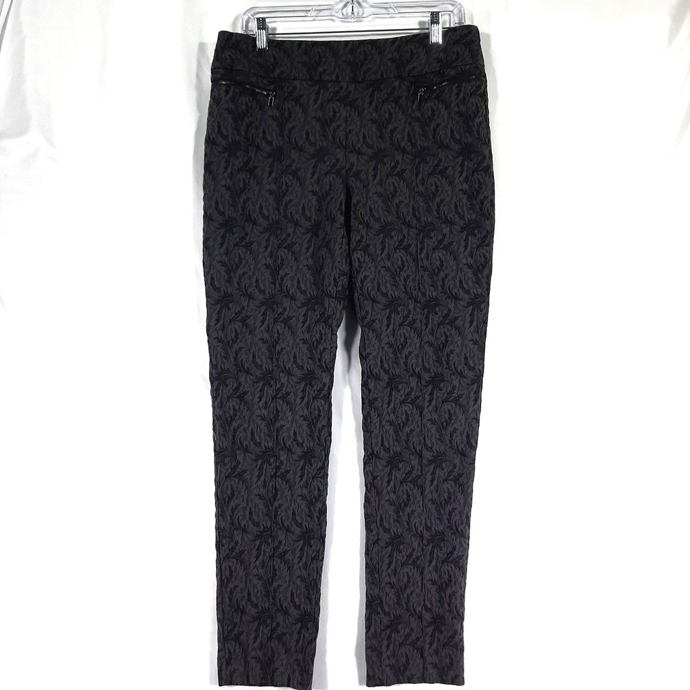 Style & Co Womens Large Grey Black Jacquard Leaf Print Stretch Slim Leg Pants